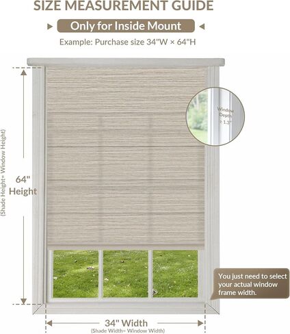 Boolegon No Drill No Tools Roman Shades for Indoor Windows, Light Filtering Faux Linen Fabric Faux Bamboo Cordless Roman Blinds, Window Shades for Bedroom & Living Room, Light Brown, 22" W X 36" H in Saudi Arabia