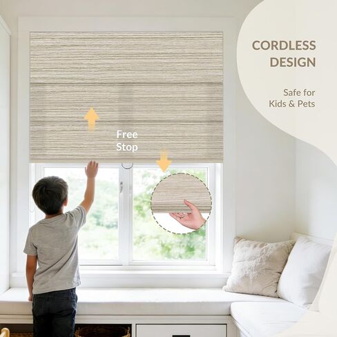 Boolegon No Drill No Tools Roman Shades for Indoor Windows, Light Filtering Faux Linen Fabric Faux Bamboo Cordless Roman Blinds, Window Shades for Bedroom & Living Room, Light Brown, 22" W X 36" H in Saudi Arabia
