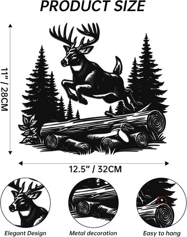 JEWLOVE Deer Wall Art-Running Deer in Forest Metal Decor, Rustic Cabin Lodge Wall Art, Wildlife Forest Decor for Living Room in Kuwait