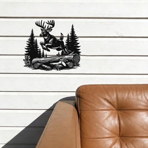 JEWLOVE Deer Wall Art-Running Deer in Forest Metal Decor, Rustic Cabin Lodge Wall Art, Wildlife Forest Decor for Living Room in Kuwait