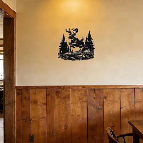 JEWLOVE Deer Wall Art-Running Deer in Forest Metal Decor, Rustic Cabin Lodge Wall Art, Wildlife Forest Decor for Living Room in Kuwait