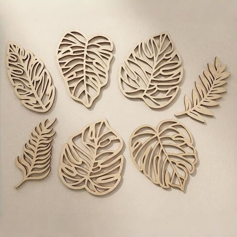 WONGSAI 7 Pcs Wooden Palm Leaves Wall Art, Tropical Boho Farmhouse Decor, Natural Wood Hollow Carved, 3D Jungle Leaf Wall Hanging for Living Room Bedroom Kitchen Office in Saudi Arabia
