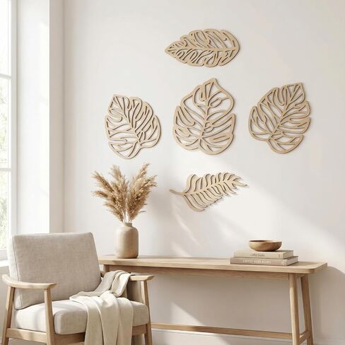 WONGSAI 7 Pcs Wooden Palm Leaves Wall Art, Tropical Boho Farmhouse Decor, Natural Wood Hollow Carved, 3D Jungle Leaf Wall Hanging for Living Room Bedroom Kitchen Office in Saudi Arabia