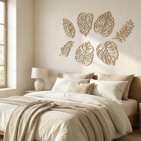 WONGSAI 7 Pcs Wooden Palm Leaves Wall Art, Tropical Boho Farmhouse Decor, Natural Wood Hollow Carved, 3D Jungle Leaf Wall Hanging for Living Room Bedroom Kitchen Office in Saudi Arabia