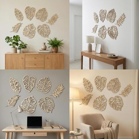 WONGSAI 7 Pcs Wooden Palm Leaves Wall Art, Tropical Boho Farmhouse Decor, Natural Wood Hollow Carved, 3D Jungle Leaf Wall Hanging for Living Room Bedroom Kitchen Office in Saudi Arabia