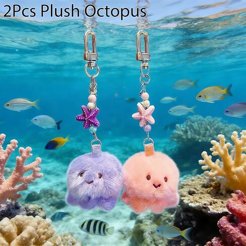 2Pcs Plush Octopus Keychain -Adorable Tiny Ocean Theme Bag Charm for Women, Schoolbag Pendant, Present in Saudi Arabia