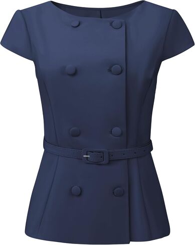 Hobemty Women's Vintage Blouse Button Down Cap Sleeve Boat Neck Business Office Peplum Top with Belted in Kuwait