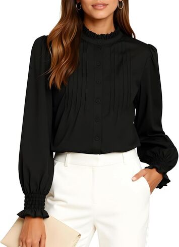 Women's Ruffled Collar Button Down Blouse Victorian Top Long Sleeve Pleated Front Shirt Business Office in Kuwait
