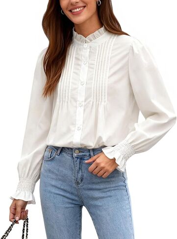 Women's Ruffled Collar Button Down Blouse Victorian Top Long Sleeve Pleated Front Shirt Business Office in Kuwait