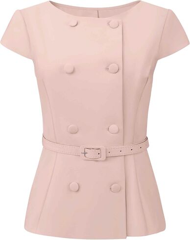 Hobemty Women's Vintage Blouse Button Down Cap Sleeve Boat Neck Business Office Peplum Top with Belted in Kuwait