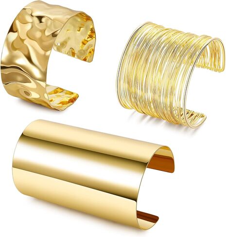 3PCS Chunky Cuff Bracelets for Women Irregular Minimalist Statement Bangle Bracelets Set Open Wide Wire Grooved Hammered Bangle Bracelet Gold Sliver Wrist Cuff Wrap Bracelet Adjustable in Saudi Arabia