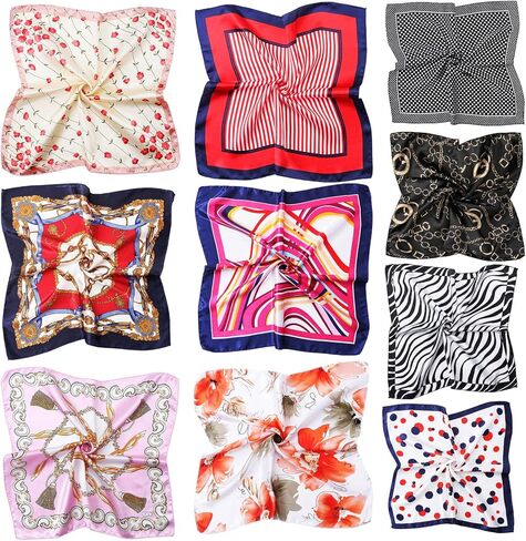 erioctry 10 Pcs Women's Satin Scarves Small Square Scarves for Neck Head Hair & Bag Decor Mixed Pattern Assortment in Kuwait