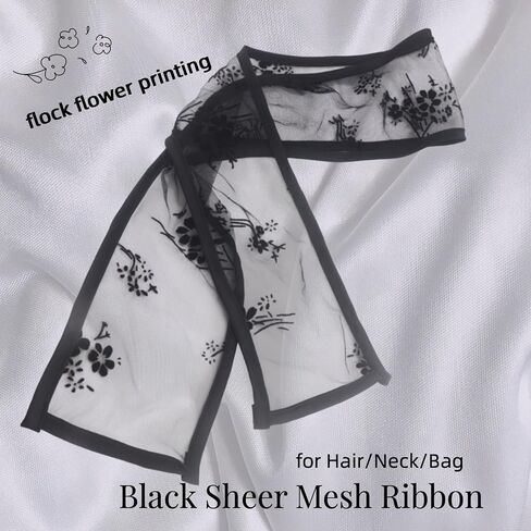French Floral Black Lace Scarf, Elegant Sheer Mesh Hair Ribbon Neck Scarf Hair Tie, Versatile Black Decoration Hair Accessories for Women Daily Party Dressing Wear in Saudi Arabia