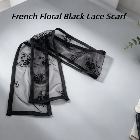 French Floral Black Lace Scarf, Elegant Sheer Mesh Hair Ribbon Neck Scarf Hair Tie, Versatile Black Decoration Hair Accessories for Women Daily Party Dressing Wear in Saudi Arabia