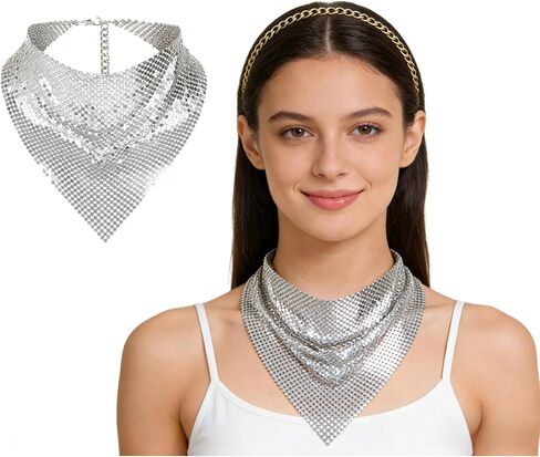 Holiberty Womens Sequins Scarf Metal Collar Punk Necklace Sparkle Triangle Neck Scarf Party Accessories Nightclub Neckerchief in Kuwait