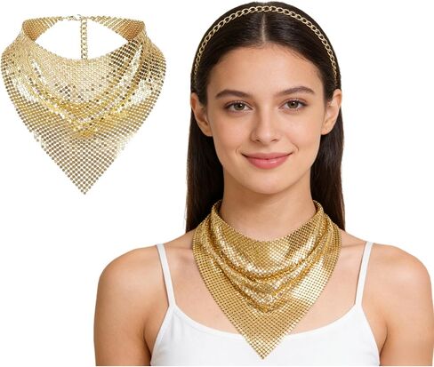 Holiberty Womens Sequins Scarf Metal Collar Punk Necklace Sparkle Triangle Neck Scarf Party Accessories Nightclub Neckerchief in Kuwait