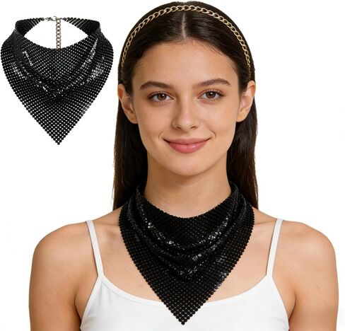 Holiberty Womens Sequins Scarf Metal Collar Punk Necklace Sparkle Triangle Neck Scarf Party Accessories Nightclub Neckerchief in Kuwait
