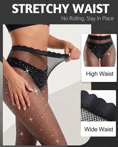 Sexy Sparkly Fishnet Stockings for Women, Rhinestone Glitter Mesh Tights for Party Concert Pantyhose High Waist in Saudi Arabia
