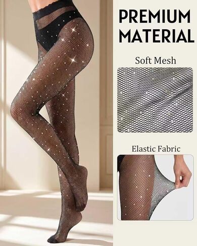 Sexy Sparkly Fishnet Stockings for Women, Rhinestone Glitter Mesh Tights for Party Concert Pantyhose High Waist in Saudi Arabia