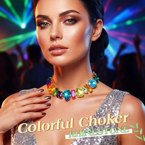 JEAIRTS Colorful Crystal Choker Necklace Rainbow Rhinestone Statement Collar Jewelry for Women in Kuwait