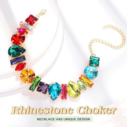 JEAIRTS Colorful Crystal Choker Necklace Rainbow Rhinestone Statement Collar Jewelry for Women in Kuwait