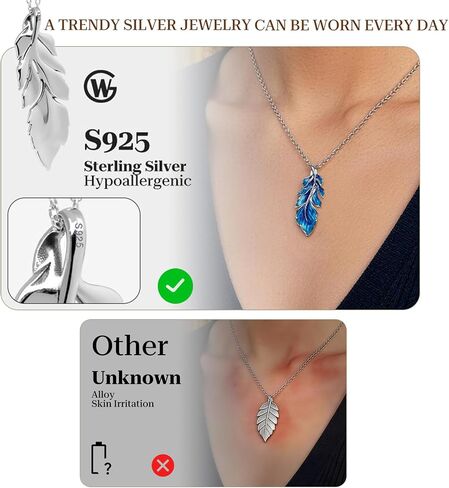 GW Blue Feather Pendant Necklace for Women Trendy, 925 Sterling Silver Boho Necklaces for Women with Bohemian Style Jewelry for Daily Casual and Vacation, Spiritual Blessing for Best Friends and Family in Saudi Arabia