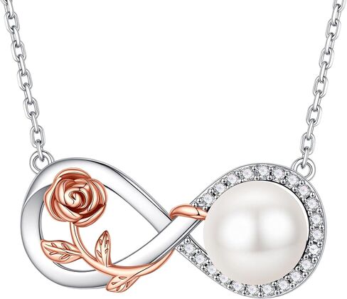 Iefil 8-10mm Pearl Necklaces for Women - Rose Infinity Pearl Necklace, Anniversary Birthday Gifts for Wife Mom Girlfriend, 925 Sterling Silver in Kuwait