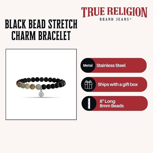 True Religion 8mm Black Bead 8 Inch Long Stretch Charm Bracelet for Men Stainless Steel in Kuwait