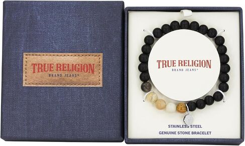 True Religion 8mm Black Bead 8 Inch Long Stretch Charm Bracelet for Men Stainless Steel in Kuwait
