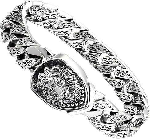 Sterling Silver Cuban Link Chain Bracelet for Men, S925 Solid Silver with Lion Design, Jewelry Gift for Him in Saudi Arabia