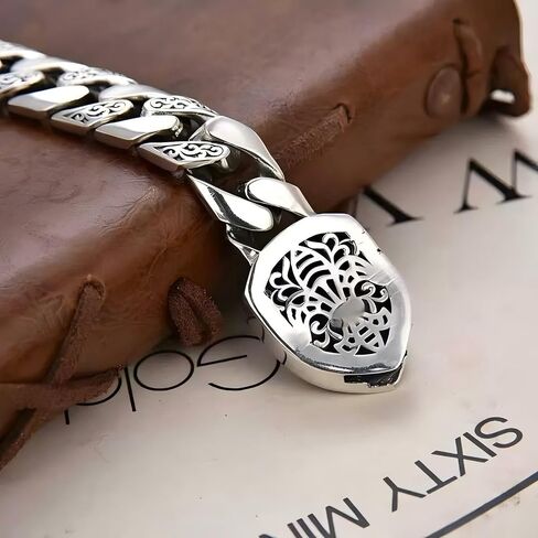 Sterling Silver Cuban Link Chain Bracelet for Men, S925 Solid Silver with Lion Design, Jewelry Gift for Him in Saudi Arabia