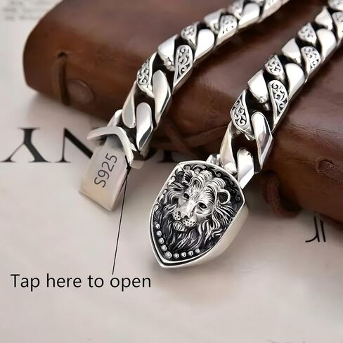 Sterling Silver Cuban Link Chain Bracelet for Men, S925 Solid Silver with Lion Design, Jewelry Gift for Him in Saudi Arabia
