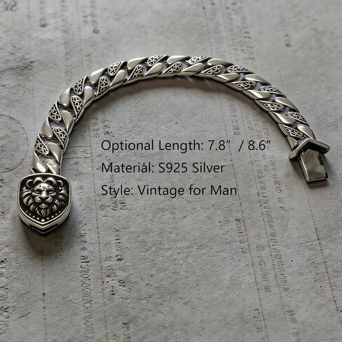 Sterling Silver Cuban Link Chain Bracelet for Men, S925 Solid Silver with Lion Design, Jewelry Gift for Him in Saudi Arabia