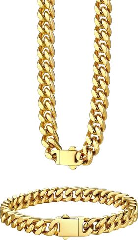 Bestyle 7mm 9.1 بوصة 18K الذهب مملوءة ميامي الكوبية سلاسل أساور بارد السببية نمط الفولاذ المقاوم للصدأ كبح ربط سلسلة سوار، قوي ودائم 7mm الرجال سلسلة ذهبية قلادة 20" in Kuwait