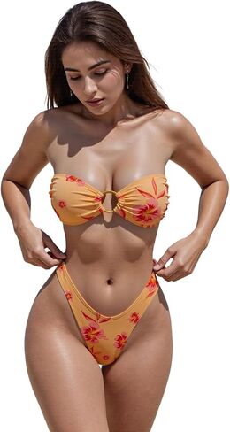 Womens Bikini Flower Print Strapless Tube Tops with Thong Cheeky Swimsuit 2Pcs Bathing Suit in Saudi Arabia