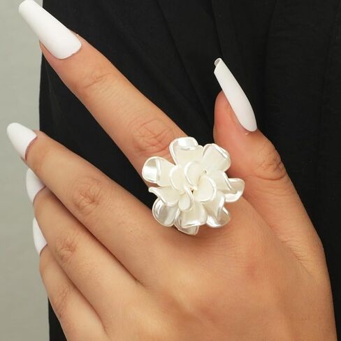 Gold White Pearls Flowers Statement Open Rings for Women, Dainty Exaggerated Aesthetic Floral Knuckle Rings Trendy Large Cocktail Finger Jewelry Gifts in Kuwait