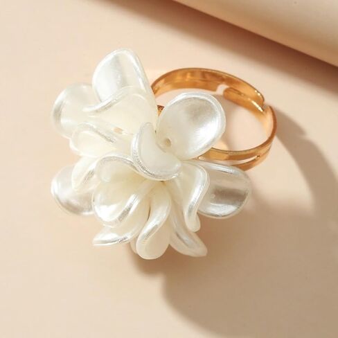 Gold White Pearls Flowers Statement Open Rings for Women, Dainty Exaggerated Aesthetic Floral Knuckle Rings Trendy Large Cocktail Finger Jewelry Gifts in Kuwait