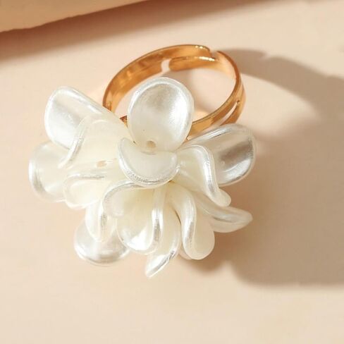 Gold White Pearls Flowers Statement Open Rings for Women, Dainty Exaggerated Aesthetic Floral Knuckle Rings Trendy Large Cocktail Finger Jewelry Gifts in Kuwait