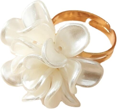 Gold White Pearls Flowers Statement Open Rings for Women, Dainty Exaggerated Aesthetic Floral Knuckle Rings Trendy Large Cocktail Finger Jewelry Gifts in Kuwait