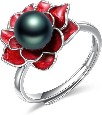 Black Pearl Ring for Women 925 Sterling Silver Tahitian Pearl Flower Adjustable Ring Freshwater Cultured Jewelry Gifts for Women in Saudi Arabia