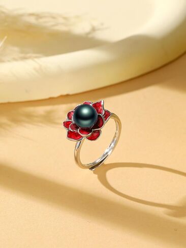 Black Pearl Ring for Women 925 Sterling Silver Tahitian Pearl Flower Adjustable Ring Freshwater Cultured Jewelry Gifts for Women in Saudi Arabia