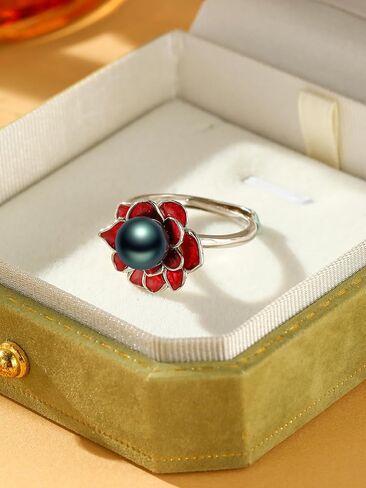 Black Pearl Ring for Women 925 Sterling Silver Tahitian Pearl Flower Adjustable Ring Freshwater Cultured Jewelry Gifts for Women in Saudi Arabia