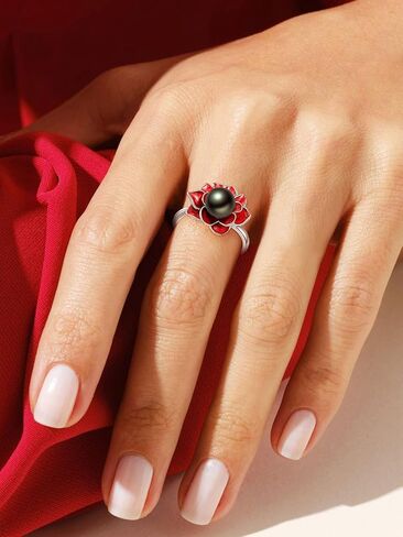 Black Pearl Ring for Women 925 Sterling Silver Tahitian Pearl Flower Adjustable Ring Freshwater Cultured Jewelry Gifts for Women in Saudi Arabia
