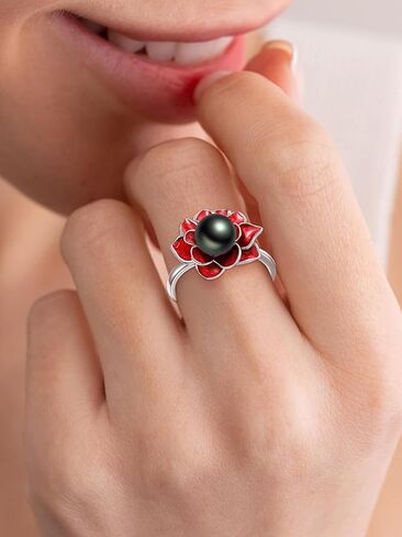 Black Pearl Ring for Women 925 Sterling Silver Tahitian Pearl Flower Adjustable Ring Freshwater Cultured Jewelry Gifts for Women in Saudi Arabia