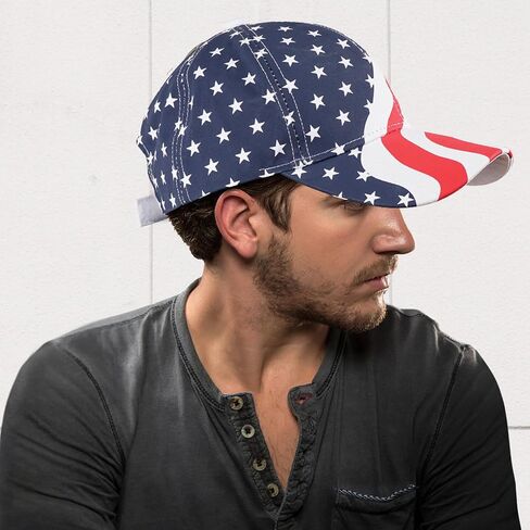 American Flag Hat Patriotic 4th of July Baseball Cap, White & Navy Blue Stars with Wavy Stripes, Red White Blue, One Size in Saudi Arabia