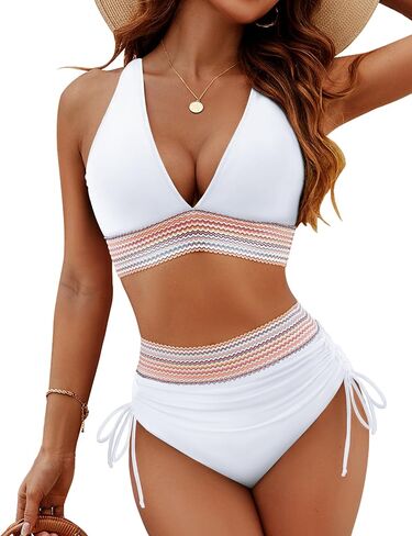 Women High Waisted Bikini Sets Tummy Control Swimsuits Color Block Two Piece Drawstring Bathing Suit in Kuwait