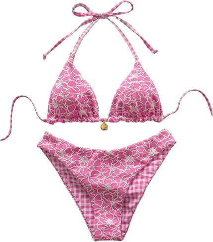 SHENHE Women's Triangle Bikini Sets Floral Gingham Halter Swimsuits 2 Piece Reversible Bikinis in Kuwait