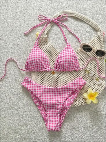 SHENHE Women's Triangle Bikini Sets Floral Gingham Halter Swimsuits 2 Piece Reversible Bikinis in Kuwait