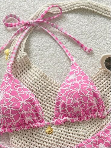 SHENHE Women's Triangle Bikini Sets Floral Gingham Halter Swimsuits 2 Piece Reversible Bikinis in Kuwait