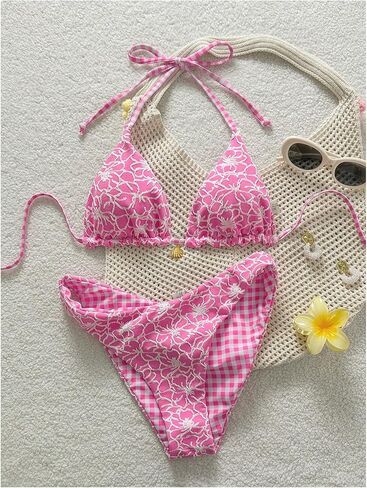 SHENHE Women's Triangle Bikini Sets Floral Gingham Halter Swimsuits 2 Piece Reversible Bikinis in Kuwait